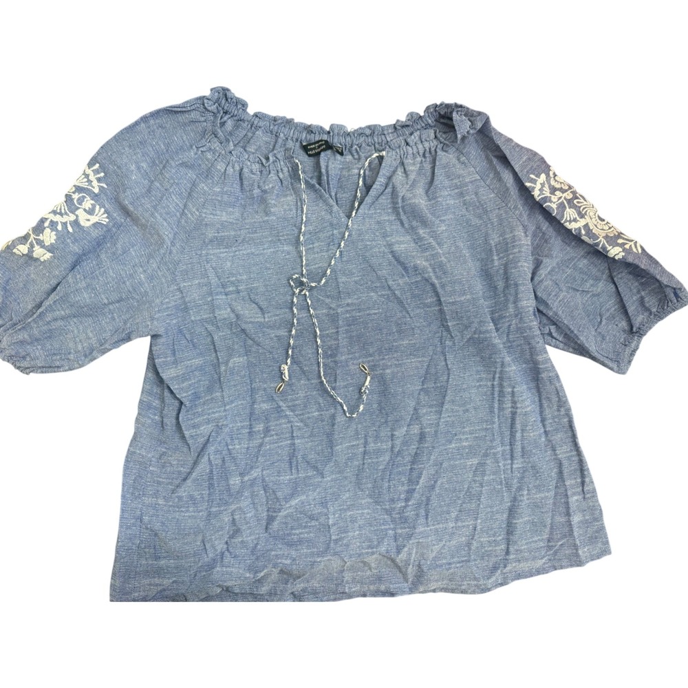 Unique Spectrum Mlle Gabrielle Blue Embroidered Peasant Blouse Top Medium